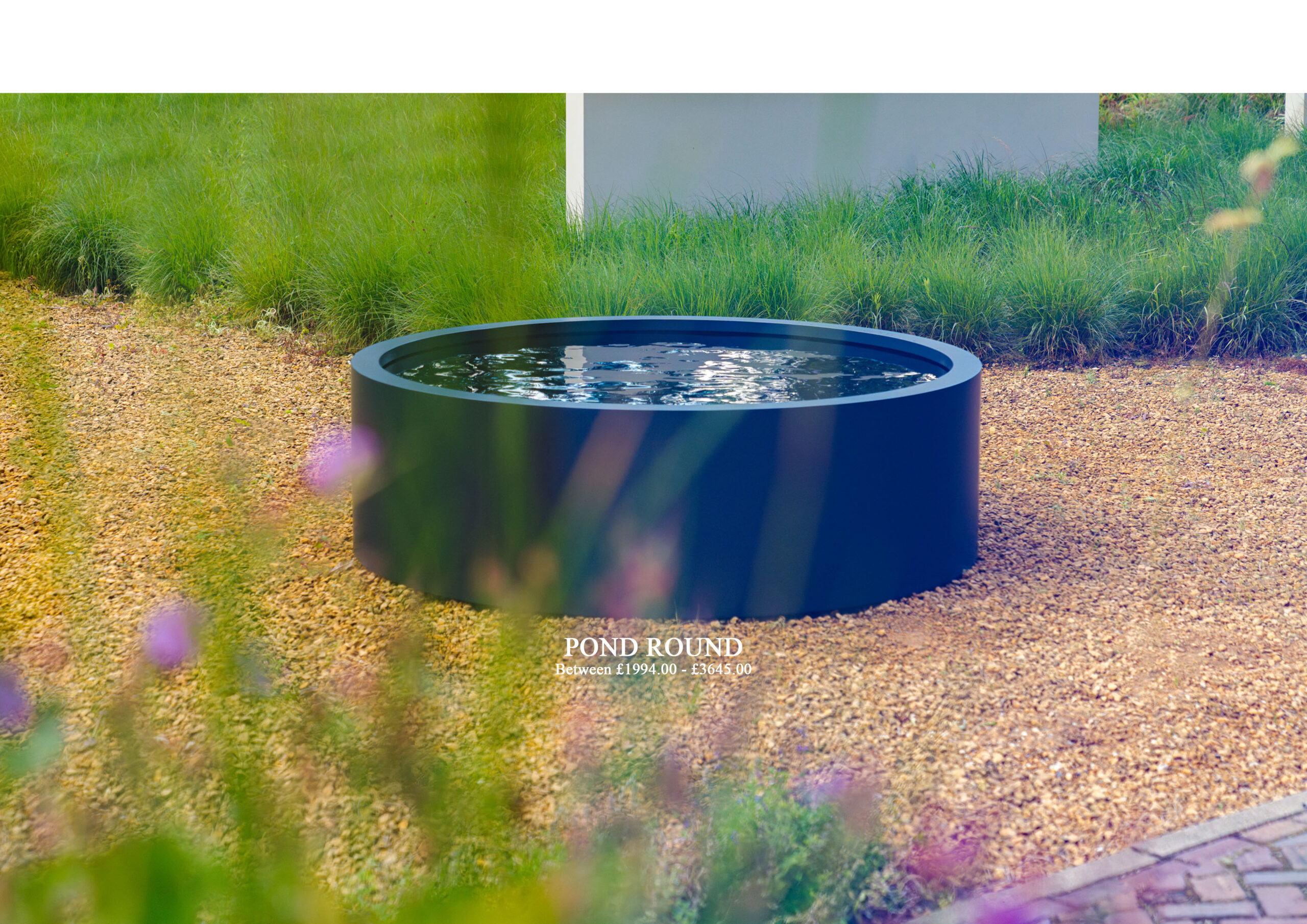 Blue circular pond in a gravel garden with tall grasses; product name 'POND ROUND' and price range at bottom.
